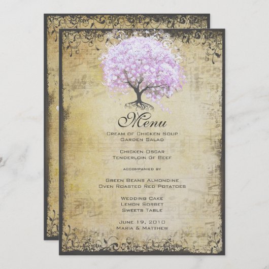 Heart Leaf Lavender Tree Bird Wedding Menu (Voorkant / Achterkant)