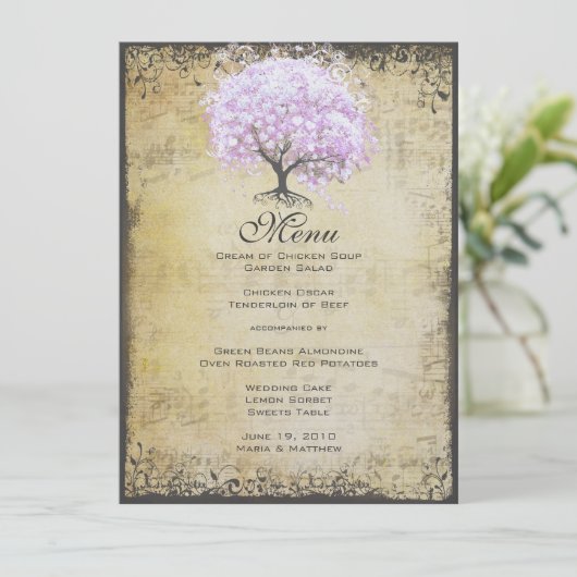 Heart Leaf Lavender Tree Bird Wedding Menu (Staand voorkant)