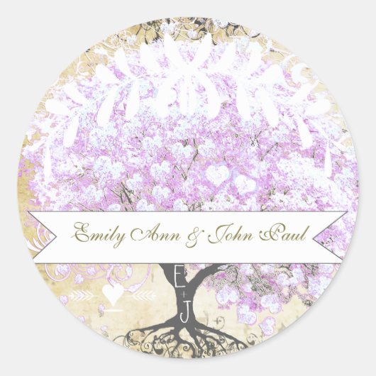 Heart Leaf Lavender Tree Bird Wedding Ronde Sticker (Voorkant)