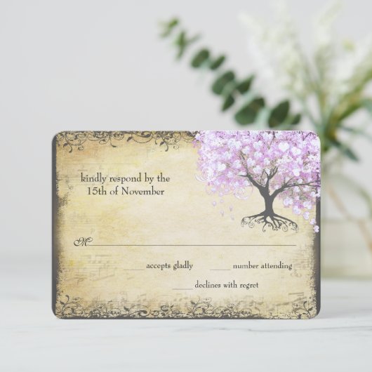 Heart Leaf Lavender Tree  Bird Wedding RSVP (Staand voorkant)