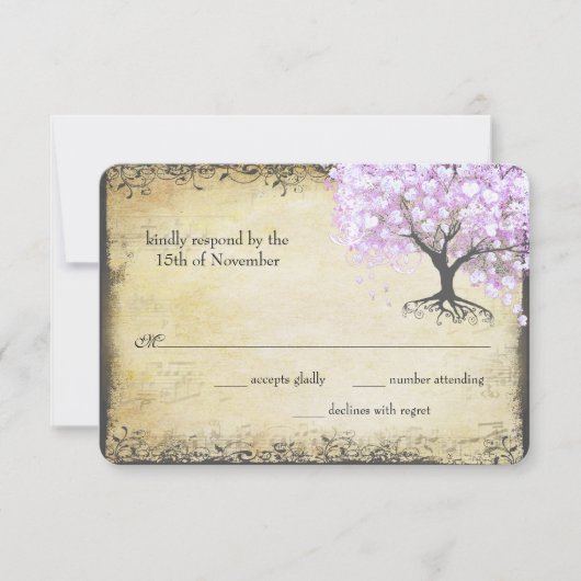 Heart Leaf Lavender Tree  Bird Wedding RSVP Kaartje (Voorkant)
