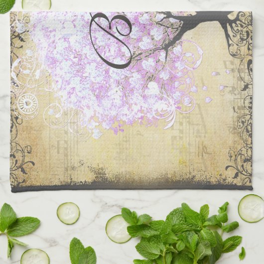 Heart Leaf Lavender Tree  Bird Wedding Theedoek (Gevouwen)