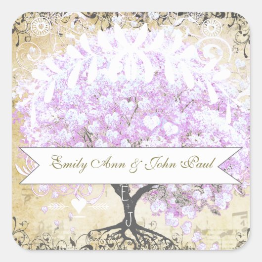 Heart Leaf Lavender Tree Bird Wedding Vierkante Sticker (Voorkant)