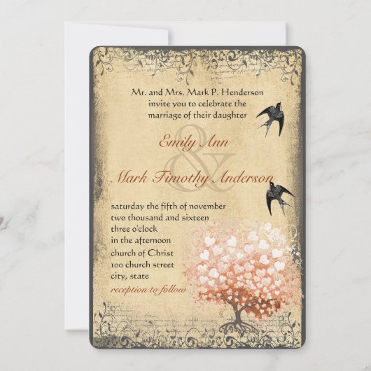 Heart Leaf Light Coral Tree  Birds Weddings Kaart (Achterkant)