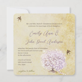 Heart Leaf Paarse Tree Bird Wedding Invite Kaart