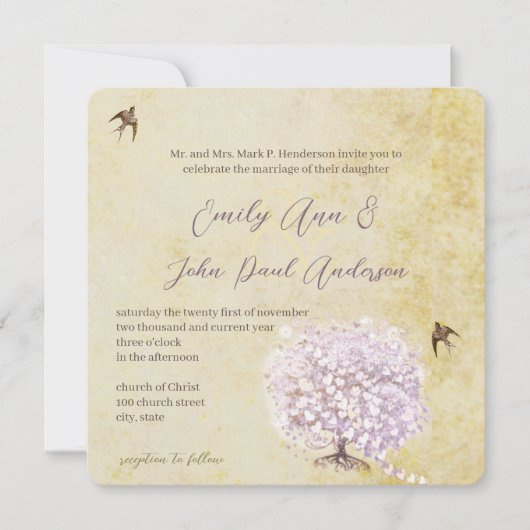 Heart Leaf Paarse Tree  Bird Wedding Invite Kaart (Voorkant)