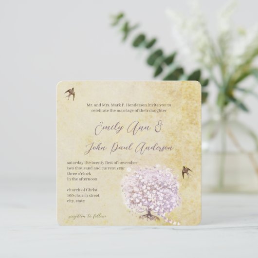 Heart Leaf Paarse Tree Bird Wedding Invite Kaart (Staand voorkant)