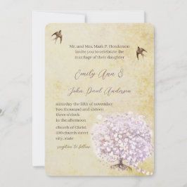 Heart Leaf Paarse Tree  Bird Wedding Invite Kaart