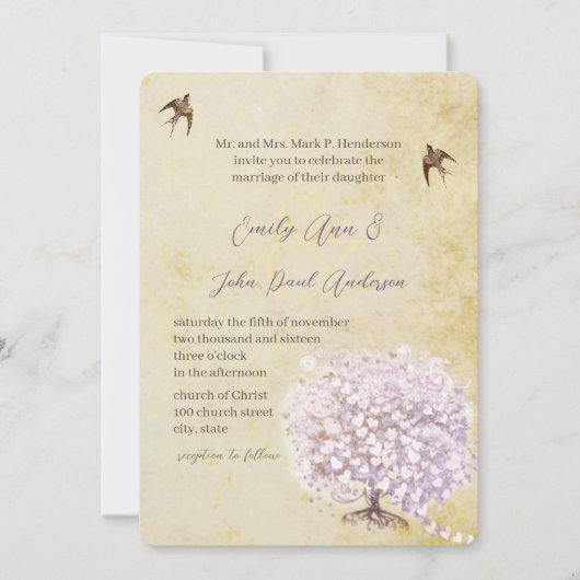 Heart Leaf Paarse Tree  Bird Wedding Invite Kaart (Voorkant)