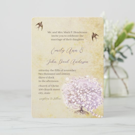 Heart Leaf Paarse Tree  Bird Wedding Invite Kaart (Staand voorkant)