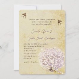 Heart Leaf Paarse Tree Bird Wedding Invite Kaart