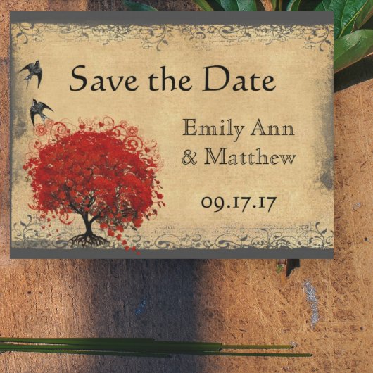 Heart Leaf Red Tree  Bird Save the Date