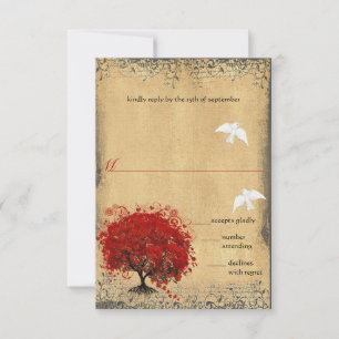 Heart Leaf Red Tree Dove Love Bird Weddenschap RSV RSVP Kaartje