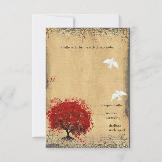 Heart Leaf Red Tree Dove Love Bird Weddenschap RSV RSVP Kaartje (Voorkant)