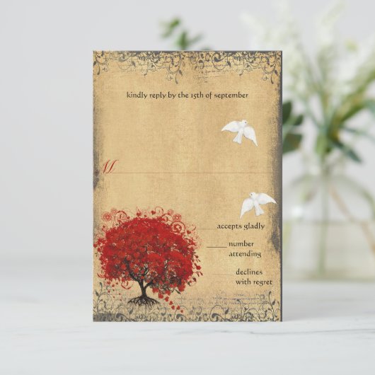 Heart Leaf Red Tree Dove Love Bird Weddenschap RSV RSVP Kaartje (Staand voorkant)