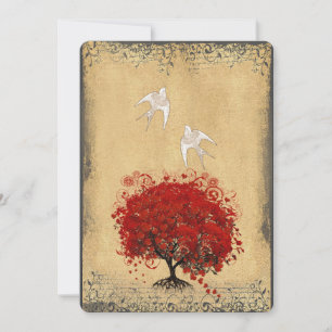 Heart Leaf Red Tree Dove Love Bird Wedite Invite Kaart