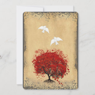 Heart Leaf Red Tree Dove Love Bird Wedite Invite Kaart