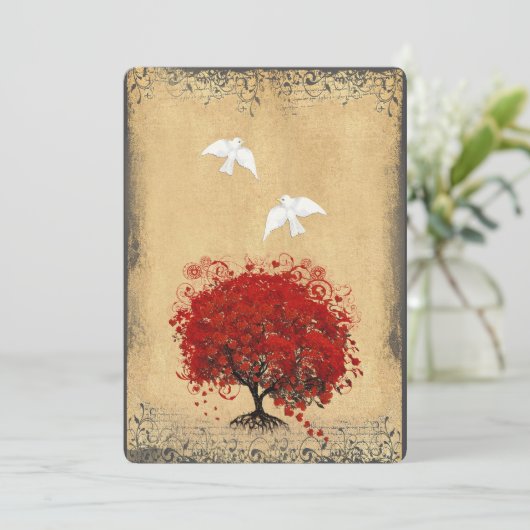 Heart Leaf Red Tree Dove Love Bird Wedite Invite Kaart (Staand voorkant)