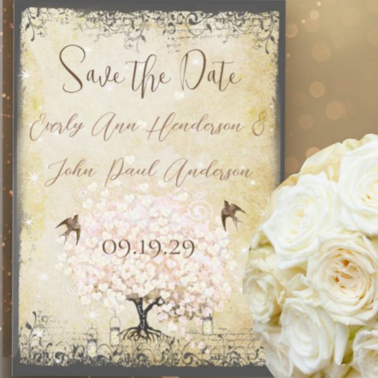 Heart Leaf Roze Boom Bird Save the Date