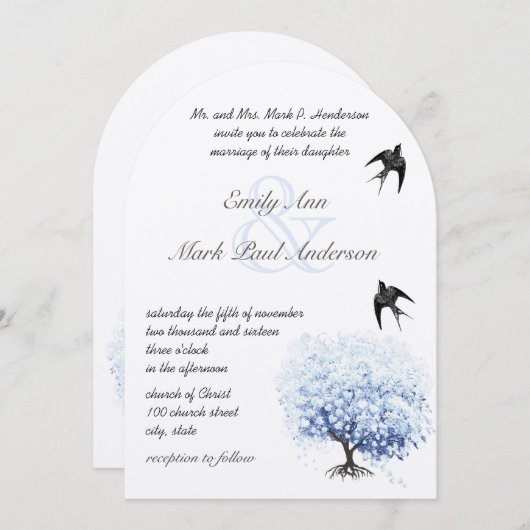 Heart Leaf Soft Powder Blue Tree  Bird Kaart (Voorkant / Achterkant)