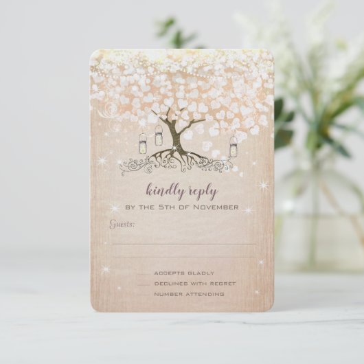 Heart Leaf Tree Roos Gold Wedding Invitae Kaart (Staand voorkant)