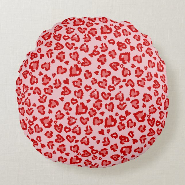 Heart Leopard Pattern in Red on Blush Rond Kussen (Voorkant)