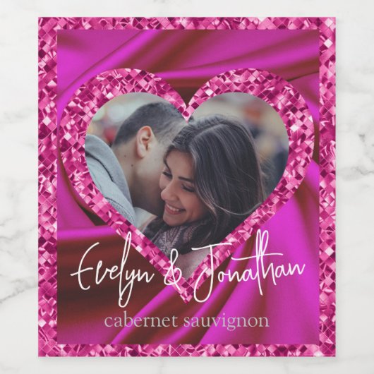 Heart Lijst Aangepast Foto Fuschia Zijde & diamant Wijn Etiket (Enkel label)