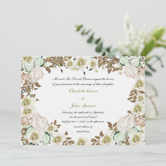Heart Lijst Greenery Rozen Wedding Kaart (Staand voorkant)