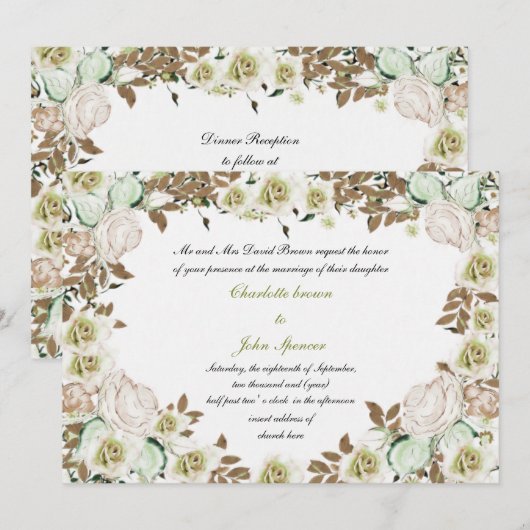 Heart Lijst Greenery Rozen Wedding Kaart (Voorkant / Achterkant)