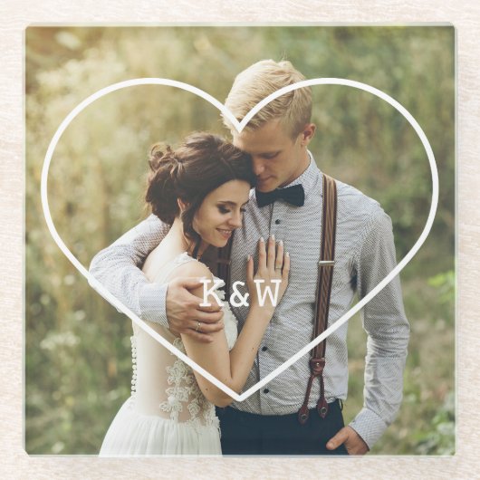 Heart Lijst Modern Monogram Foto Glazen Onderzetter (Voorkant)