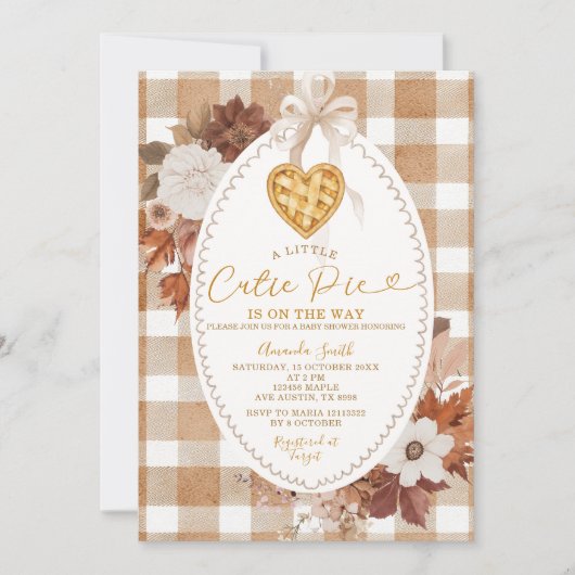 Heart Little Cutie Pie Brown Gingham Baby Shower Kaart (Voorkant)