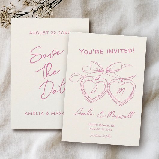 Heart Locket Schattige Modern Monogram Roze Boog W Save The Date