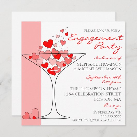 Heart Love Cocktail Engagement Party Uitnodiging (Voorkant / Achterkant)