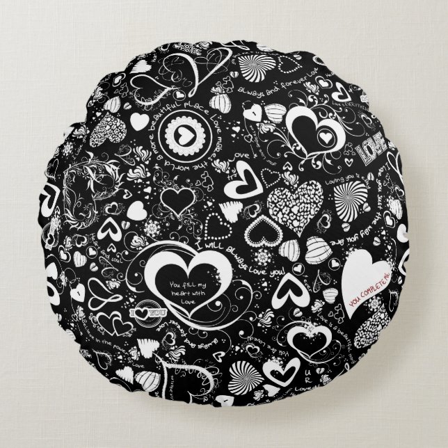 Heart Love Doodles, Black-White Round Sierkussen Rond Kussen (Voorkant)