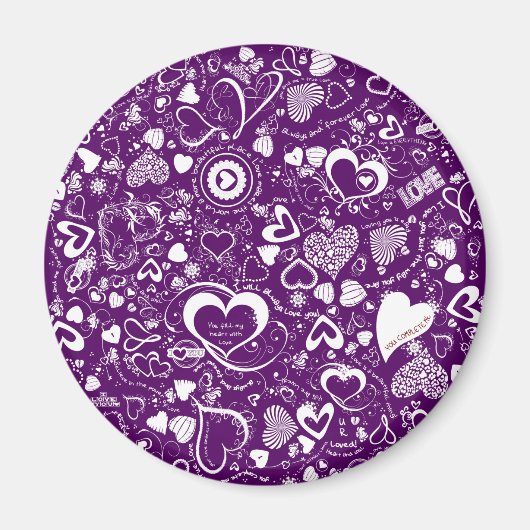 Heart Love Doodles Paars-White-Round Magnet (Voorkant)