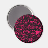 Heart Love Doodles Pink-Black-Round Magnet (Voorkant / Achterkant)