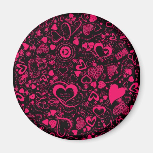 Heart Love Doodles Pink-Black-Round Magnet (Voorkant)