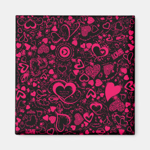 Heart Love Doodles Pink-Black-Square Magnet