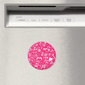Heart Love Doodles Pink-White-Round Magnet (Insitu (Vaatwasser))