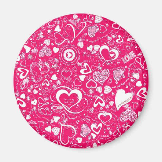 Heart Love Doodles Pink-White-Round Magnet (Voorkant)