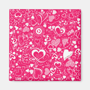 Heart Love Doodles Pink-White-Square Magnet
