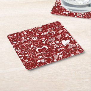 Heart Love Doodles Red-White-Disposable Onderzette Kartonnen Onderzetters