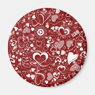 Heart Love Doodles Red-White-Round Magnet