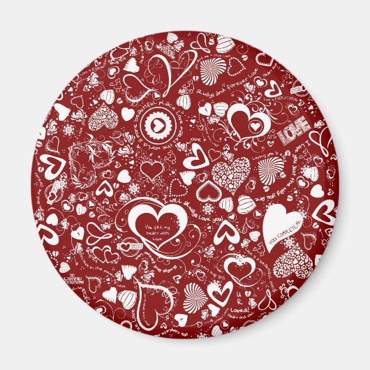 Heart Love Doodles Red-White-Round Magnet (Voorkant)