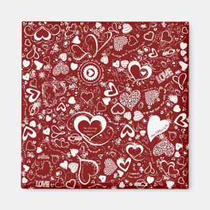 Heart Love Doodles Red-White-Square Magnet