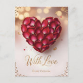 Heart Made of Deep Red Rose Petals and Gold Script Briefkaart (Voorkant)