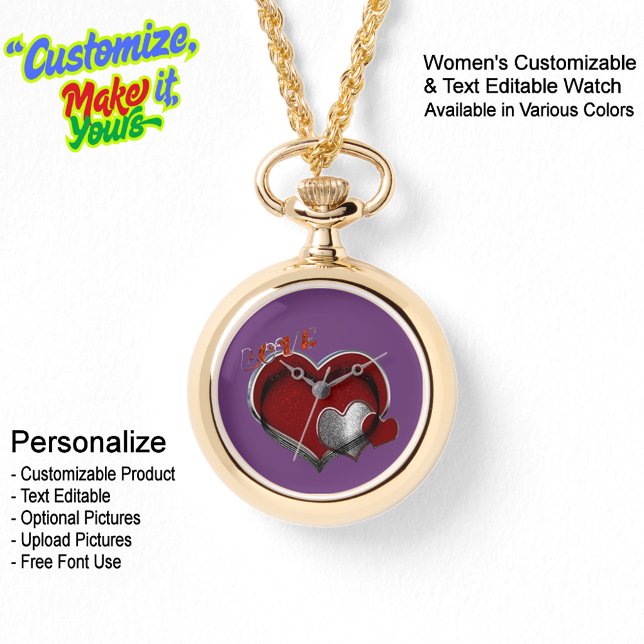 Heart Magic Gold Ketting horloge Paarse gezicht (Women's Heart Magic Gold Necklace Watch Featuring a Purple Face.)