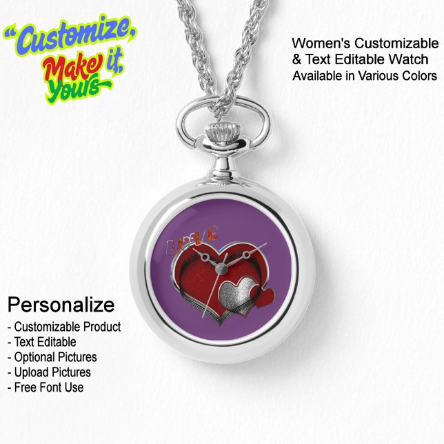 Heart Magic Silver Ketting horloge Paarse gezicht (Women's Heart Magic Silver Necklace Watch Featuring a Purple Face.)