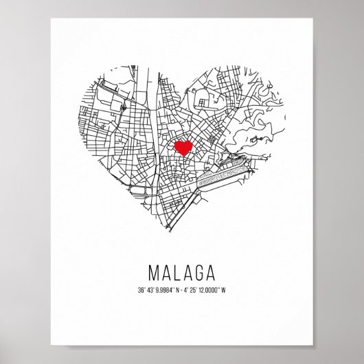 Heart Malaga City Map (Spanje) Poster (Voorkant)