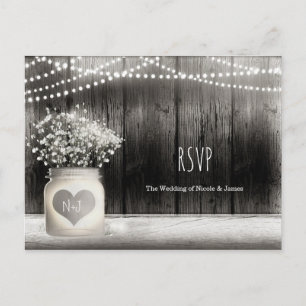Heart Mason Jar & Babys Breath Rustic Wedding RSVP Uitnodiging Briefkaart
